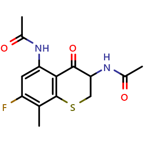 Chemical structure of N-(3-acetamido-7-fluoro-8-methyl-4-oxo-thiochroman-5-yl)acetamide , CAS 2778374-33-5, AChemBlock X185030