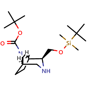 Chemical structure of tert-butyl (1S,2S,5R)-2-[[tert-butyl(dimethyl)silyl]oxymethyl]-3,8-diazabicyclo[3.2.1]octane-8-carboxylate , CAS 2885261-48-1, AChemBlock X185064