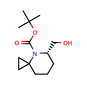 Chemical structure of tert-butyl (5S)-5-(hydroxymethyl)-4-azaspiro[2.5]octane-4-carboxylate , CAS 2708341-11-9, AChemBlock X185077