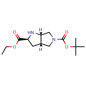 Chemical structure of O5-tert-butyl O2-ethyl rel-(2S,3aS,6aS)-2,3,3a,4,6,6a-hexahydro-1H-pyrrolo[3,4-b]pyrrole-2,5-dicarboxylate , CAS 1330764-83-4, AChemBlock X185139