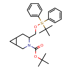 Chemical structure of tert-butyl 4-[[tert-butyl(diphenyl)silyl]oxymethyl]-3-azabicyclo[4.1.0]heptane-3-carboxylate , CAS 1417743-34-0, AChemBlock X185144