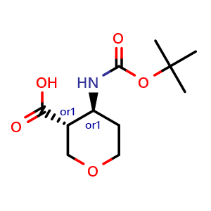 Chemical structure of trans-4-(tert-butoxycarbonylamino)tetrahydropyran-3-carboxylic acid , CAS 1903854-91-0, AChemBlock X185197