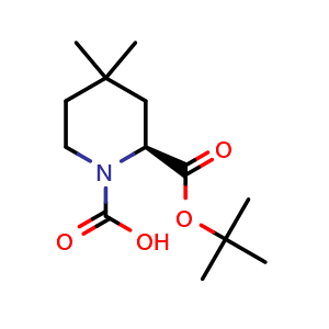 Chemical structure of (2S)-2-tert-butoxycarbonyl-4,4-dimethyl-piperidine-1-carboxylic acid , CAS 2755780-44-8, AChemBlock X185207
