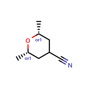 Chemical structure of cis-2,6-dimethyltetrahydropyran-4-carbonitrile , CAS 1628200-29-2, AChemBlock X185214