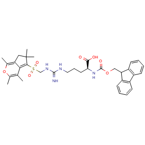 Chemical structure of (2S)-2-(9H-fluoren-9-ylmethoxycarbonylamino)-5-[[N-[(1,3,4,6,6-pentamethyl-7H-cyclopenta[c]pyran-5-yl)sulfonylmethyl]carbamimidoyl]amino]pentanoic acid , CAS 1364408-78-5, AChemBlock X185227