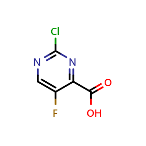 Chemical structure of 2-chloro-5-fluoro-pyrimidine-4-carboxylic acid , CAS 1211588-45-2, AChemBlock X185228