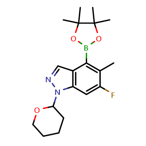 Chemical structure of 6-fluoro-5-methyl-1-tetrahydropyran-2-yl-4-(4,4,5,5-tetramethyl-1,3,2-dioxaborolan-2-yl)indazole , CAS 2241720-68-1, AChemBlock X185232