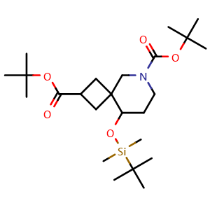 Chemical structure of ditert-butyl 9-[tert-butyl(dimethyl)silyl]oxy-6-azaspiro[3.5]nonane-2,6-dicarboxylate , CAS 2387601-34-3, AChemBlock X185302