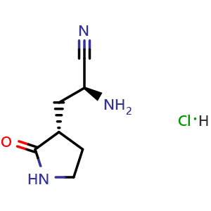 Chemical structure of (2S)-2-amino-3-[(3S)-2-oxopyrrolidin-3-yl]propanenitrile;hydrochloride , CAS 2755950-35-5, AChemBlock X185305