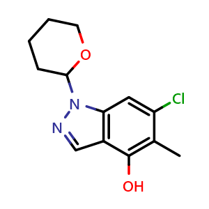 Chemical structure of 6-chloro-5-methyl-1-tetrahydropyran-2-yl-indazol-4-ol , CAS 2368909-45-7, AChemBlock X185326