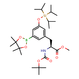 Chemical structure of methyl (2S)-2-(tert-butoxycarbonylamino)-3-[3-(4,4,5,5-tetramethyl-1,3,2-dioxaborolan-2-yl)-5-triisopropylsilyloxy-phenyl]propanoate , CAS 2447043-10-7, AChemBlock X185359