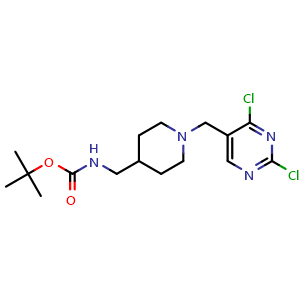 Chemical structure of tert-butyl N-[[1-[(2,4-dichloropyrimidin-5-yl)methyl]-4-piperidyl]methyl]carbamate , CAS 1420987-11-6, AChemBlock X185364