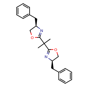 Chemical structure of (4R)-4-benzyl-2-[1-[(4R)-4-benzyl-4,5-dihydrooxazol-2-yl]-1-methyl-ethyl]-4,5-dihydrooxazole , CAS 141362-77-8, AChemBlock X185369