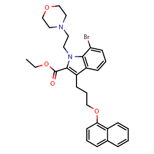 Chemical structure of Ethyl 7-bromo-1-(2-morpholinoethyl)-3-(3-(naphthalen-1-yloxy)propyl)-1H-indole-2-carboxylate , CAS 1073493-89-6, AChemBlock X185465