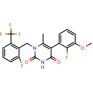 Chemical structure of 5-(2-Fluoro-3-methoxyphenyl)-1-[[2-fluoro-6-(trifluoromethyl)phenyl]methyl]-6-methyl-2,4(1H,3H)-pyrimidinedione , CAS 1150560-59-0, AChemBlock X185521