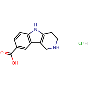 Chemical structure of 1H,2H,3H,4H,5H-Pyrido[4,3-b]indole-8-carboxylic acid hydrochloride , CAS 1156899-12-5, AChemBlock X185526