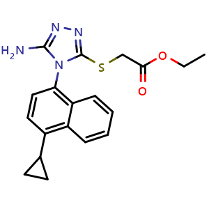 Chemical structure of ethyl 2-{[5-amino-4-(4-cyclopropylnaphthalen-1-yl)-4H-1,2,4-triazol-3-yl]sulfanyl}acetate , CAS 1158970-36-5, AChemBlock X185529