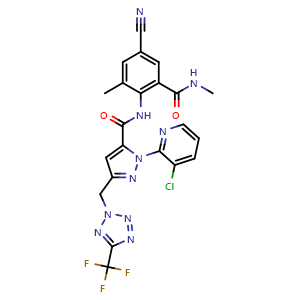 Chemical structure of 1-(3-chloropyridin-2-yl)-N-[4-cyano-2-methyl-6-(methylcarbamoyl)phenyl]-3-{[5-(trifluoromethyl)-2H-1,2,3,4-tetrazol-2-yl]methyl}-1H-pyrazole-5-carboxamide , CAS 1229654-66-3, AChemBlock X185638