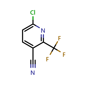 Chemical structure of 6-chloro-2-(trifluoromethyl)pyridine-3-carbonitrile , CAS 1245913-20-5, AChemBlock X185653
