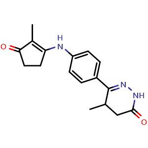 Chemical structure of 4-methyl-3-[4-[(2-methyl-3-oxocyclopenten-1-yl)amino]phenyl]-4,5-dihydro-1H-pyridazin-6-one , CAS 125068-54-4, AChemBlock X185663