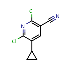 Chemical structure of 2,6-dichloro-5-cyclopropylnicotinonitrile , CAS 1319804-29-9, AChemBlock X185736
