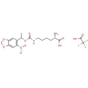 Chemical structure of (2S)-2-amino-6-{[1-(6-nitrobenzo[d][1,3]dioxol-5-yl)ethoxy]carbonylamino} hexanoic acid trifluoroacetate salt , CAS 1333312-97-2, AChemBlock X185742