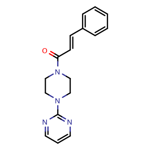 Chemical structure of (E)-3-Phenyl-1-(4-(pyrimidin-2-yl)piperazin-1-yl)prop-2-en-1-one , CAS 1351406-38-6, AChemBlock X185766