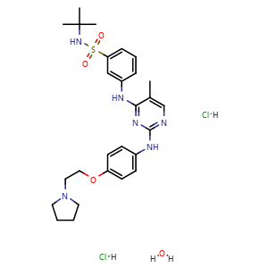 Chemical structure of N-(1,1-dimethylethyl)-3-[[5-methyl-2-[[4-[2-(1-pyrrolidinyl)ethoxy]phenyl]amino]-4-pyrimidinyl]amino]-Benzenesulfonamide, hydrochloride, hydrate (1:2:1) , CAS 1374744-69-0, AChemBlock X185795