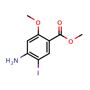 Chemical structure of 4-amino-5-iodo-2-methoxy-Benzoic acid methyl ester , CAS 137832-56-5, AChemBlock X185799
