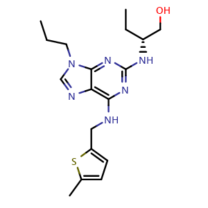 Chemical structure of (2R)-2-[(6-{[(5-methylthiophen-2-yl)methyl]amino}-9-propyl-9H-purin-2-yl)amino]butan-1-ol , CAS 1402821-41-3, AChemBlock X185827