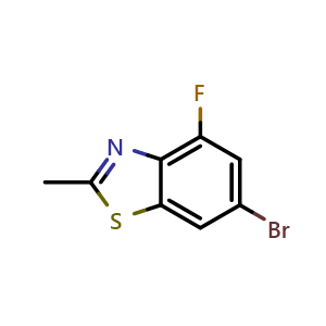 Chemical structure of 6-Bromo-4-fluoro-2-methyl-1,3-benzothiazole , CAS 1427433-65-5, AChemBlock X185853