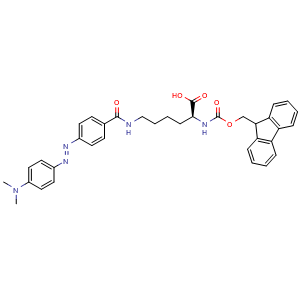 Chemical structure of (E)-N2-(((9H-fluoren-9-yl)methoxy)carbonyl)-N6-(4-((4-(dimethylamino)phenyl)diazenyl)benzoyl)-L-lysine , CAS 146998-27-8, AChemBlock X185886
