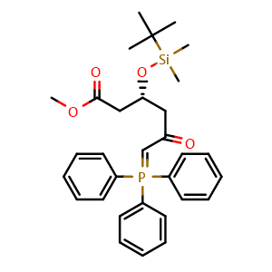 Chemical structure of Methyl (3R)-3-(tert-butyldimethylsilyloxy)-5-oxo-6-triphenylphosphoranylidenehexanoate , CAS 147118-35-2, AChemBlock X185887