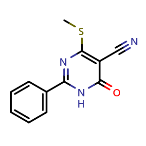 Chemical structure of 3,4-dihydro-6-methymercapto-4-oxo-2-phenylpyrimidine-5-carbonitrile , CAS 15908-64-2, AChemBlock X185955