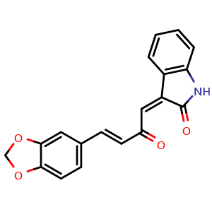 Chemical structure of 3-[4-(1,3-benzodioxol-5-yl)-2-oxo-3-buten-1-ylidene]-1,3-dihydro-2H-Indol-2-one , CAS 1606160-40-0, AChemBlock X185958