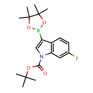 Chemical structure of tert-butyl 6-fluoro-3-(4,4,5,5-tetramethyl-1,3,2-dioxaborolan-2-yl)-1H-indole-1-carboxylate , CAS 1627721-59-8, AChemBlock X185968