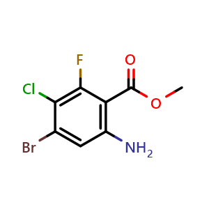 Chemical structure of Methyl 6-amino-4-bromo-3-chloro-2-fluorobenzoate , CAS 1698028-24-8, AChemBlock X185998