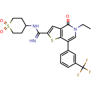 Chemical structure of 5-ethyl-4,5-dihydro-4-oxo-N-(tetrahydro-1,1-dioxido-2H-thiopyran-4-yl)-7-[3-(trifluoromethyl)phenyl]-Thieno[3,2-c]pyridine-2-carboximidamide , CAS 1714146-59-4, AChemBlock X186006