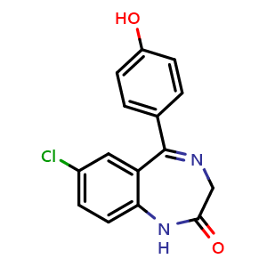 Chemical structure of 7-chloro-5-(4-hydroxyphenyl)-1,3-dihydro-2H-benzo[e][1,4]diazepin-2-one , CAS 17270-12-1, AChemBlock X186012