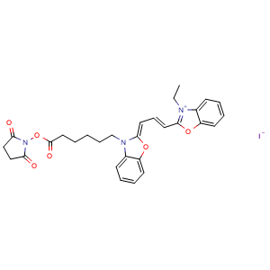 Chemical structure of 2-[3-[3-[6-[(2,5-dioxo-1-pyrrolidinyl)oxy]-6-oxohexyl]-2(3H)-benzoxazolylidene]-1-propen-1-yl]-3-ethyl-Benzoxazolium, iodide (1:1) , CAS 186205-33-4, AChemBlock X186104