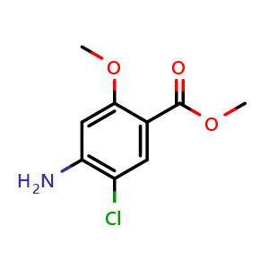 Chemical structure of methyl 4-amino-5-chloro-2-methoxybenzoate , CAS 20896-27-9, AChemBlock X186176