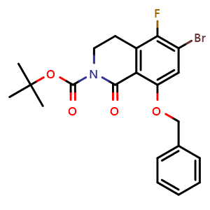 Chemical structure of 1,1-Dimethylethyl 6-bromo-5-fluoro-3,4-dihydro-1-oxo-8-(phenylmethoxy)-2(1H)-isoquinolinecarboxylate , CAS 2159123-07-4, AChemBlock X186203