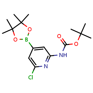 Chemical structure of tert-Butyl N-[6-chloro-4-(tetramethyl-1,3,2-dioxaborolan-2-yl)pyridin-2-yl]carbamate , CAS 2377610-98-3, AChemBlock X186259