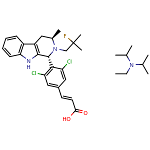 Chemical structure of 2-Propenoic acid, 3-[3,5-dichloro-4-[(1R,3R)-2-(2-fluoro-2-methylpropyl)-2,3,4,9-tetrahydro-3-methyl-1H-pyrido[3,4-b]indol-1-yl]phenyl]-, compd. with N-ethyl-N-(1-methylethyl)-2-propanamine (1:1), (2E) , CAS 2446618-21-7, AChemBlock X186284