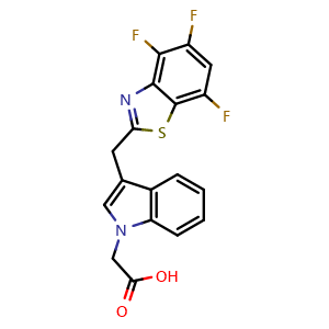 Chemical structure of 2-[3-[(4,5,7-trifluoro-1,3-benzothiazol-2-yl)methyl]indol-1-yl]acetic acid , CAS 245116-90-9, AChemBlock X186286