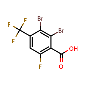 Chemical structure of 2,3-dibromo-6-fluoro-4-(trifluoromethyl)benzoic acid , CAS 2573800-51-6, AChemBlock X186313