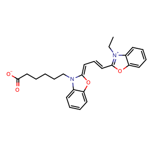 Chemical structure of 2-[3-[3-(5-carboxypentyl)-2(3H)-benzoxazolylidene]-1-propen-1-yl]-3-ethyl-Benzoxazolium, inner salt , CAS 260430-02-2, AChemBlock X186324