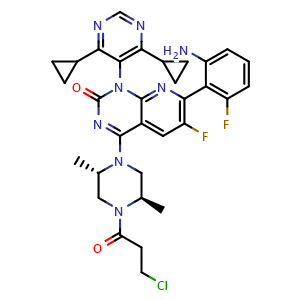 Chemical structure of 7-(2-Amino-6-fluorophenyl)-4-[(2S,5R)-4-(3-chloro-1-oxopropyl)-2,5-dimethyl-1-piperazinyl]-1-(4,6-dicyclopropyl-5-pyrimidinyl)-6-fluoropyrido[2,3-d]pyrimidin-2(1H)-one , CAS 2650523-66-1, AChemBlock X186335