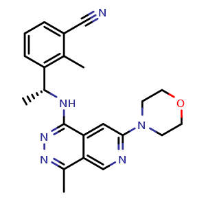 Chemical structure of (R)-2-Methyl-3-(1-((4-methyl-7-morpholinopyrido[3,4-d]pyridazin-1-yl)amino)ethyl)benzonitrile , CAS 2654743-22-1, AChemBlock X186338