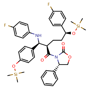 Chemical structure of (S)-3-((2R,5S)-5-(4-Fluorophenyl)-2-((S)-((4-fluorophenyl)amino)(4-((trimethylsilyl)oxy)phenyl)methyl)-5-((trimethylsilyl)oxy)pentanoyl)-4-phenyloxazolidin-2-one , CAS 272778-12-8, AChemBlock X186341